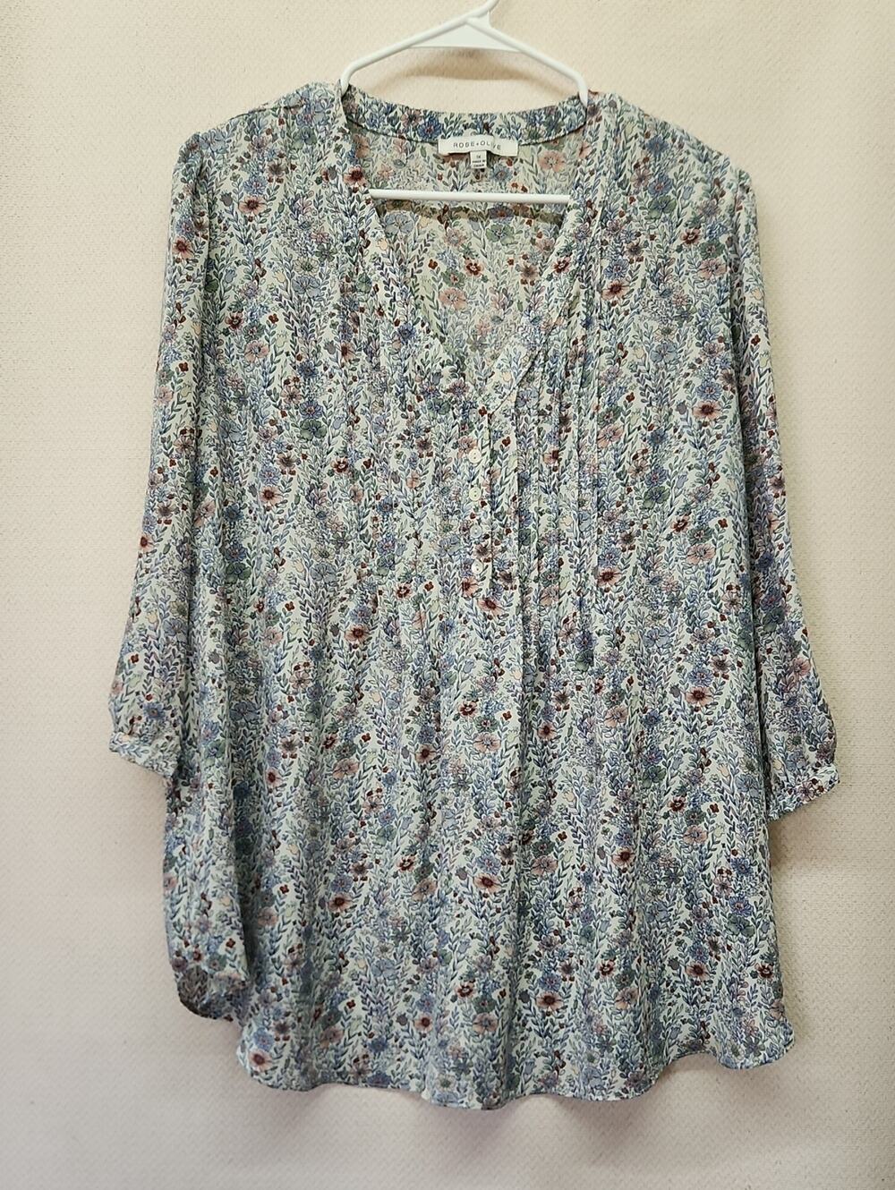 Rose & Olive Pastel Blue Botanical Print Tunic Top